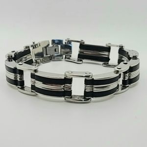 Oxford Ivy Stainless Steel Unisex Black Rubber Chain Link Bracelet 8"